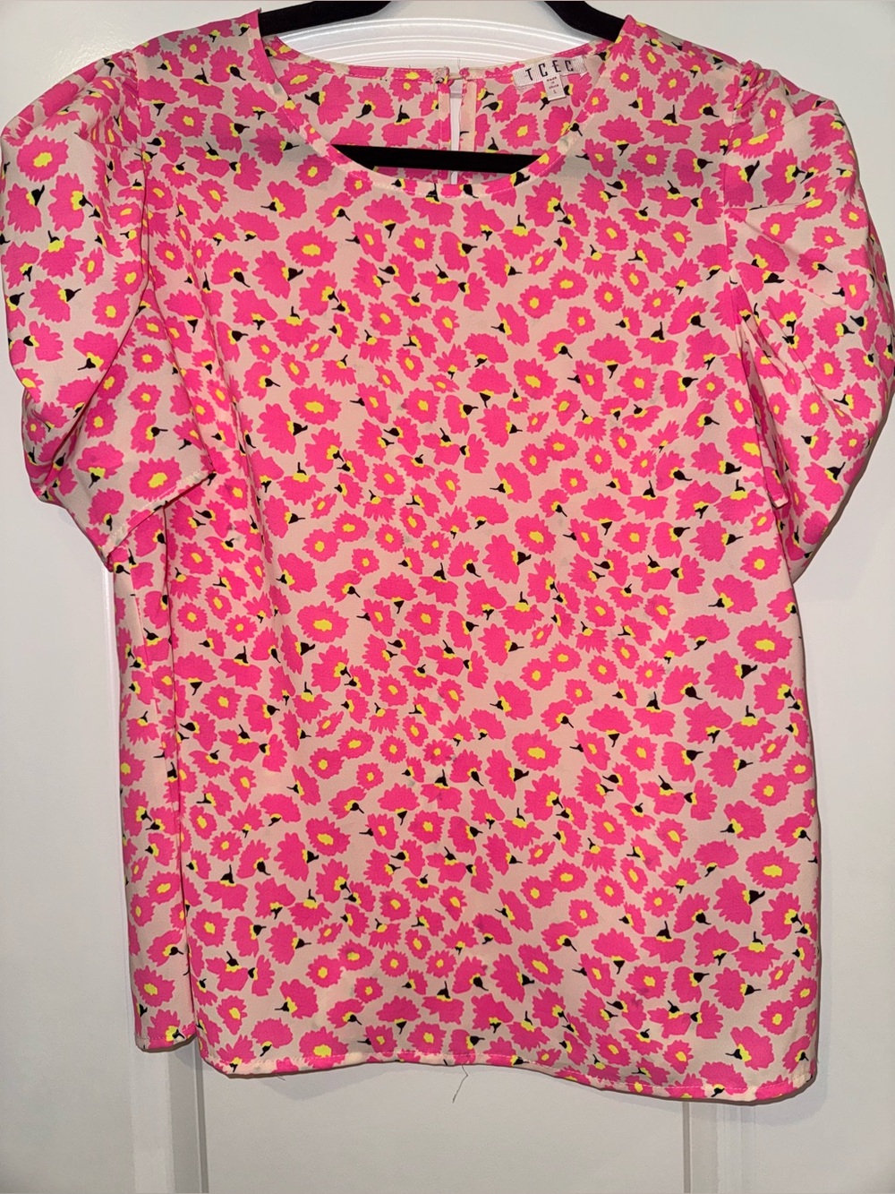 TCEC Bright Pink Floral Top with Yellow Accents